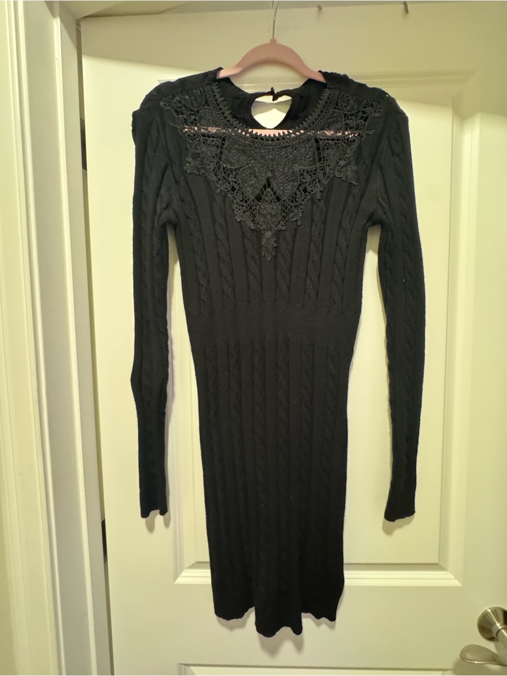 New Black Lace-Trim Cable Knit Long Sleeve Dress S